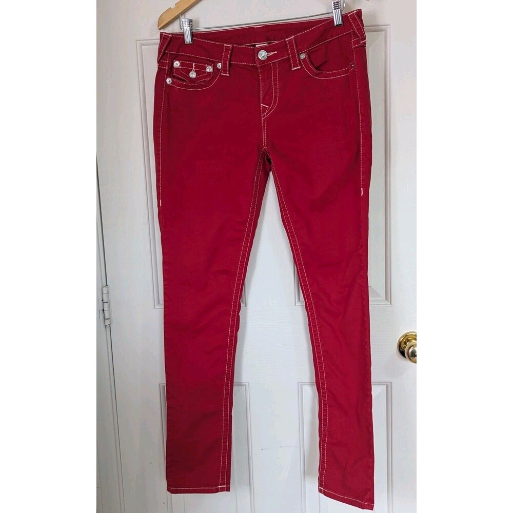 True Religion Straight Leg Jeans Womens 32 Red White Stitching Pockets Logo Y2K